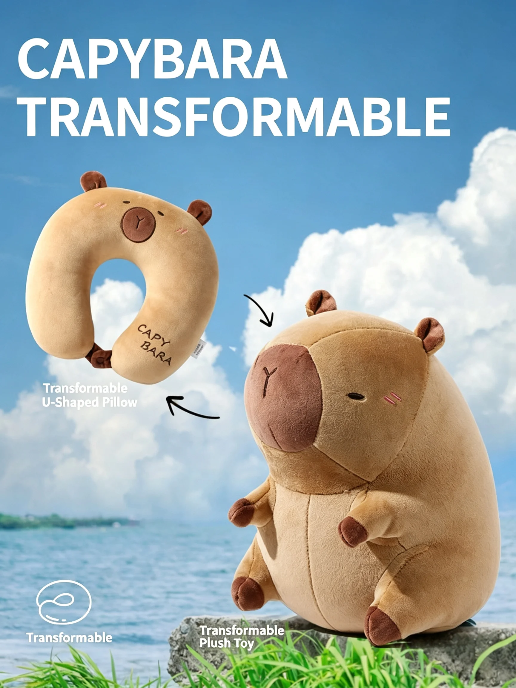 Capybara 2 in 1 Transformable Plush Toy Dual Use Travel U Neck Pillow Cute Stuffed Animal Doll Soft Nap Cushion Birthday Gift
