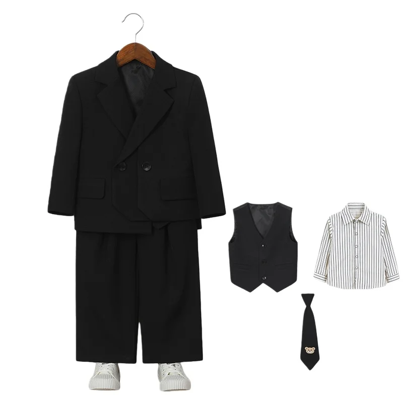 Kids Retro Coffee Photography suit Handsome Boy's British Style Jacket Vest Pants Tie Clothing Set Children Host Speech Costume