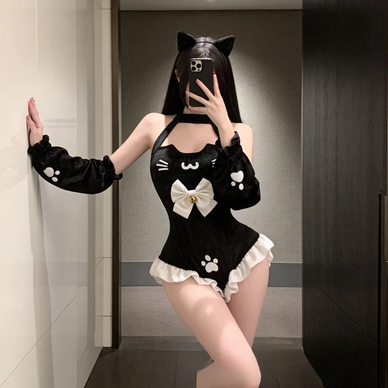 Disfraz de Cosplay de Anime de Chica Gato Sexy, Body de Pata con Espalda Descubierta para Mujer, Lencería con Lazo y Campana, Atuendos de Juego de Rol, Ropa de Dormir