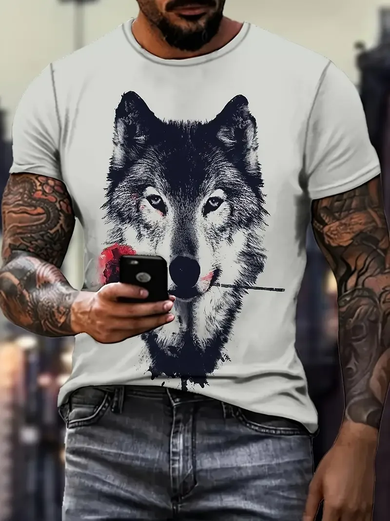 

T Shirt For Men Wolf Pattern 3D Printed Crew Neck Short Sleeve Casual Streetwear Y2k Loose Tees Pullover Oversized Clothing Tops