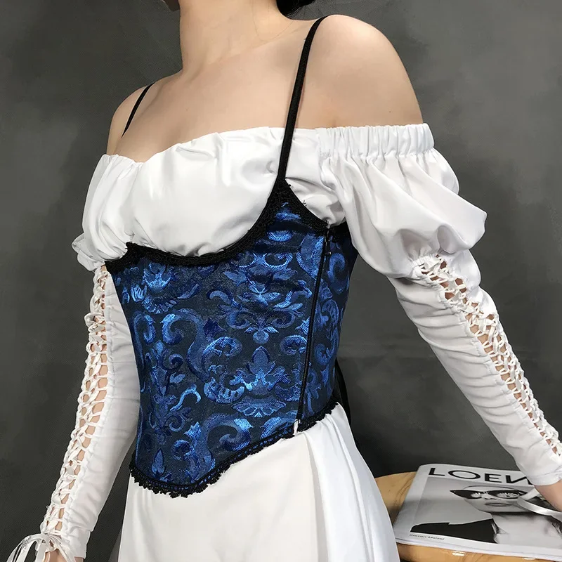 

Жаккардовый синий корсет под грудью, готические черные топы, сексуальные женские камзолы на молнии, винтажные красные бюстье на шнуровке, утягивающий формирователь тела