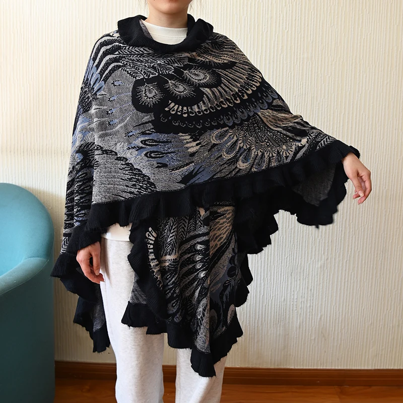

Sunscreen and Warmth Peacock pattern Knitted Cardigan Coat with Folded Edges Knitted Cardigan Coat for Spring and Autumn