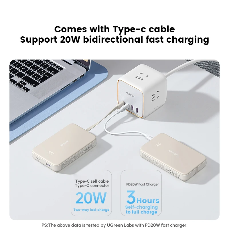 UGREEN Power Bank Battery Pack 10,000mAh 22.5W High Speed Charging Portable Charger with Built-in USB C Cable, 1 USB-C, 1 USB-A