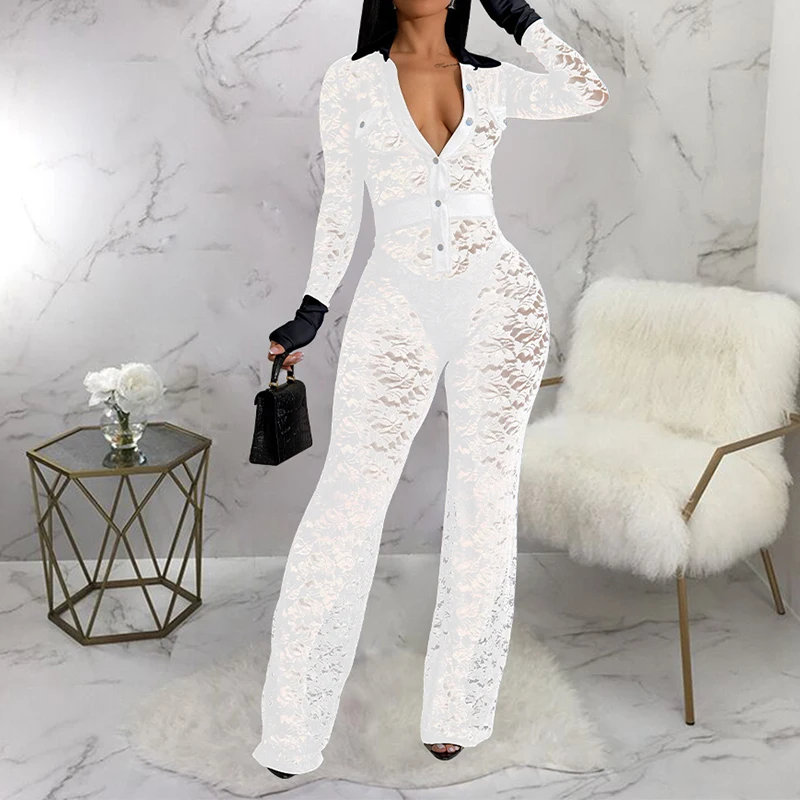 Jumpsuit See-through Lace Club Wear For Woman Fashion Black Perspective Long Sleeve Patchwork One Pieces Wide Leg Summer Clothes