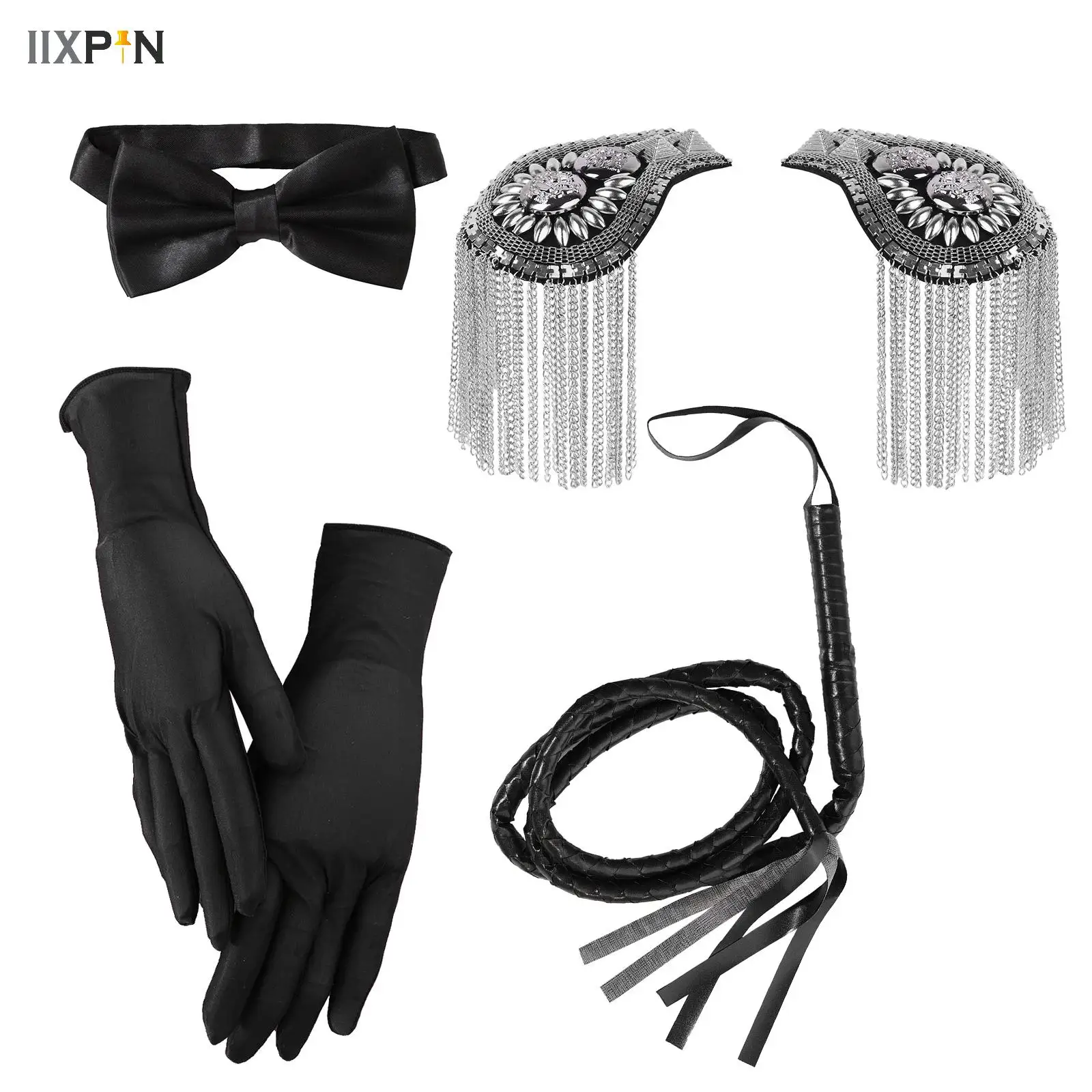 Accesorios de disfraz de circo Ringmaster Roleplay, cadena de 2 piezas, charreteras con borla, tablas de hombro, látigo, guantes, pajarita para Halloween y club nocturno