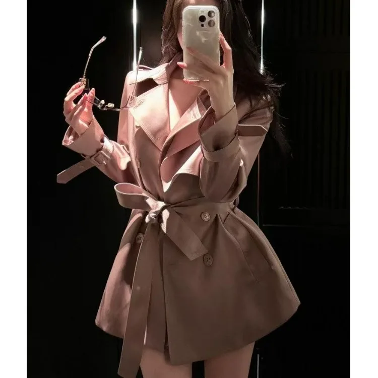 Ele Briti Sle Women's ort Coat Pink Waist-Cinching Belted Double-Row Buttoned Outerwear for Autumn Faion 2025