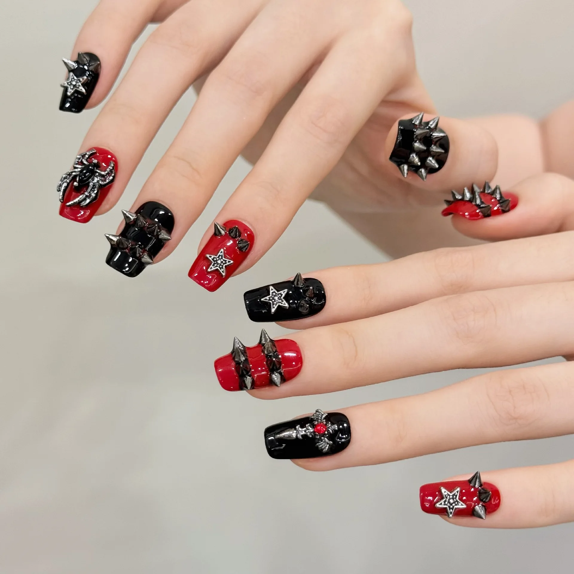 10 PCS Luxury Handmade Press on Nails Middle Square Rivet Design with 3-PIECE Tool Adhesive Nail Glue Tabs