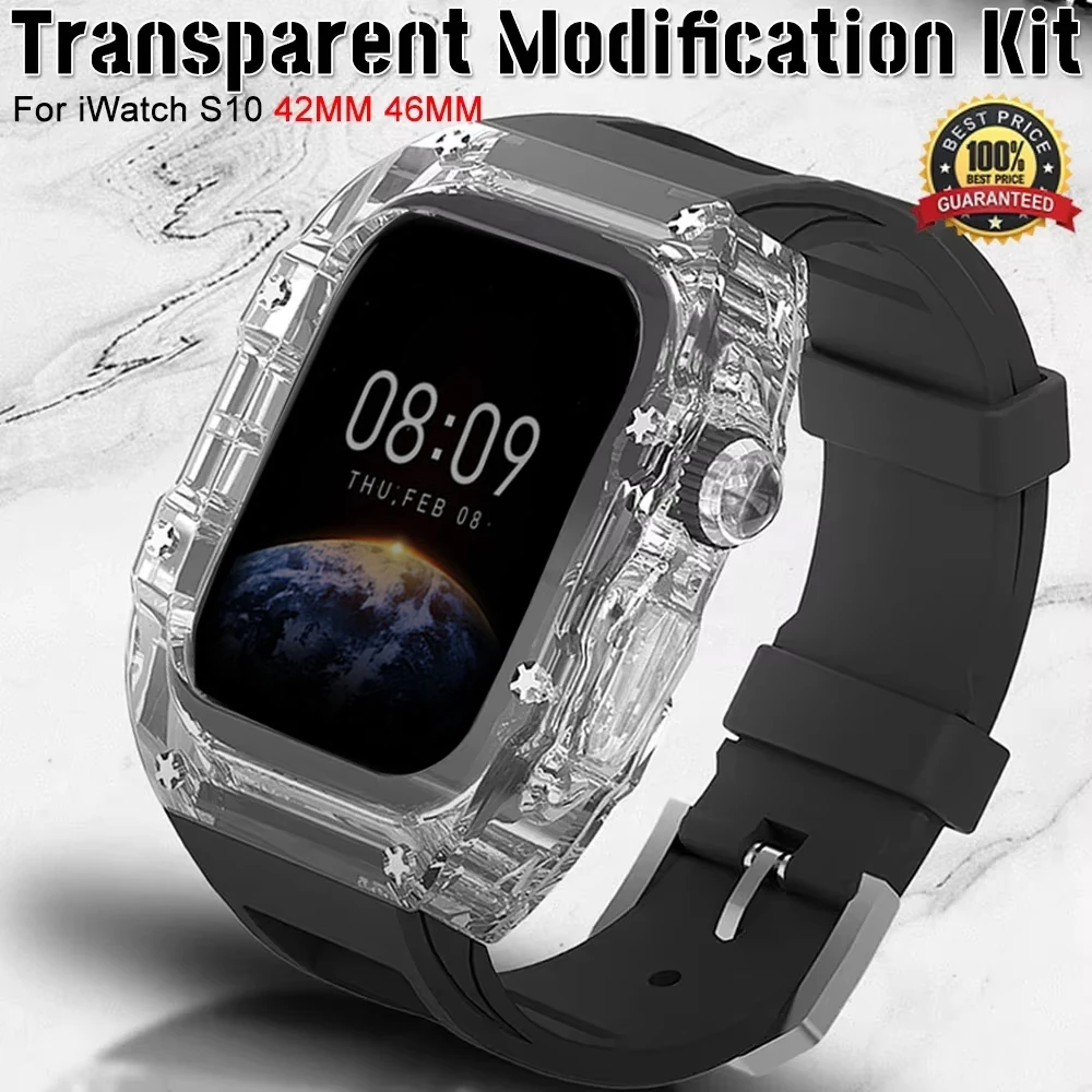 Transparent Modification Kit For Apple Watch S10 42mm 46mm TPU Strap+Case For iWatch Series 10 Rubber Band luxury Refit Mod