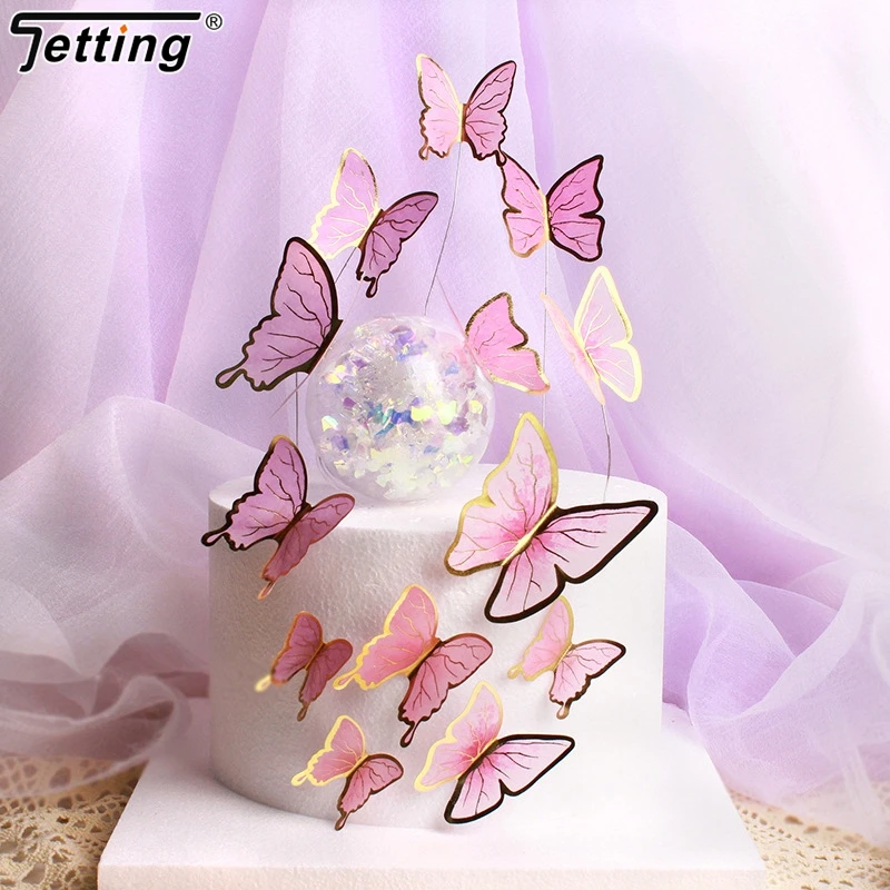 9/10pcs Gold Pink Purple Butterfly Cake Toppers Wedding Birthday Dessert Cupcake Decor 3D Butterfly Material DIY Party Favors