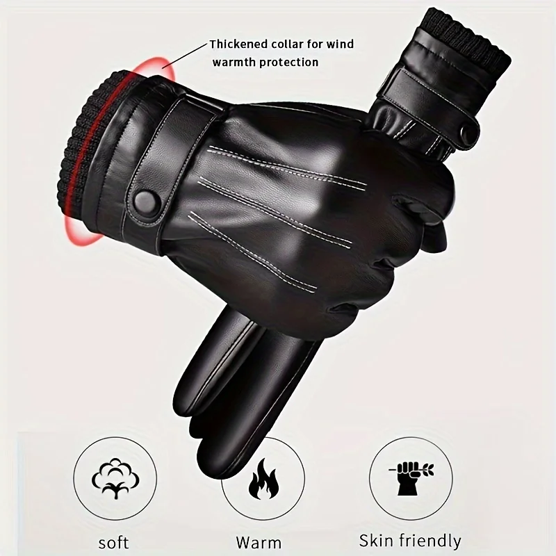 1Pair Winter Gloves Warm Driving Motorcycle Full Finger Black Riding Gloves Men PU Leather Glove Winter Warm Touch Screen Gloves