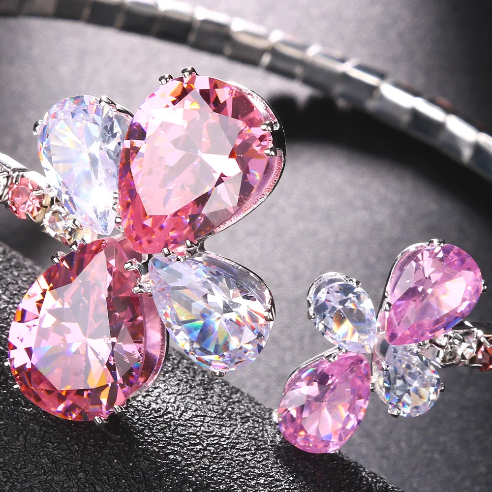 Stonefans Fashion Pink Crystal Flower Bangle Open Bracelet for Women Shiny Rhinestone Bridal Bangle Wedding Hand Jewelry Gift