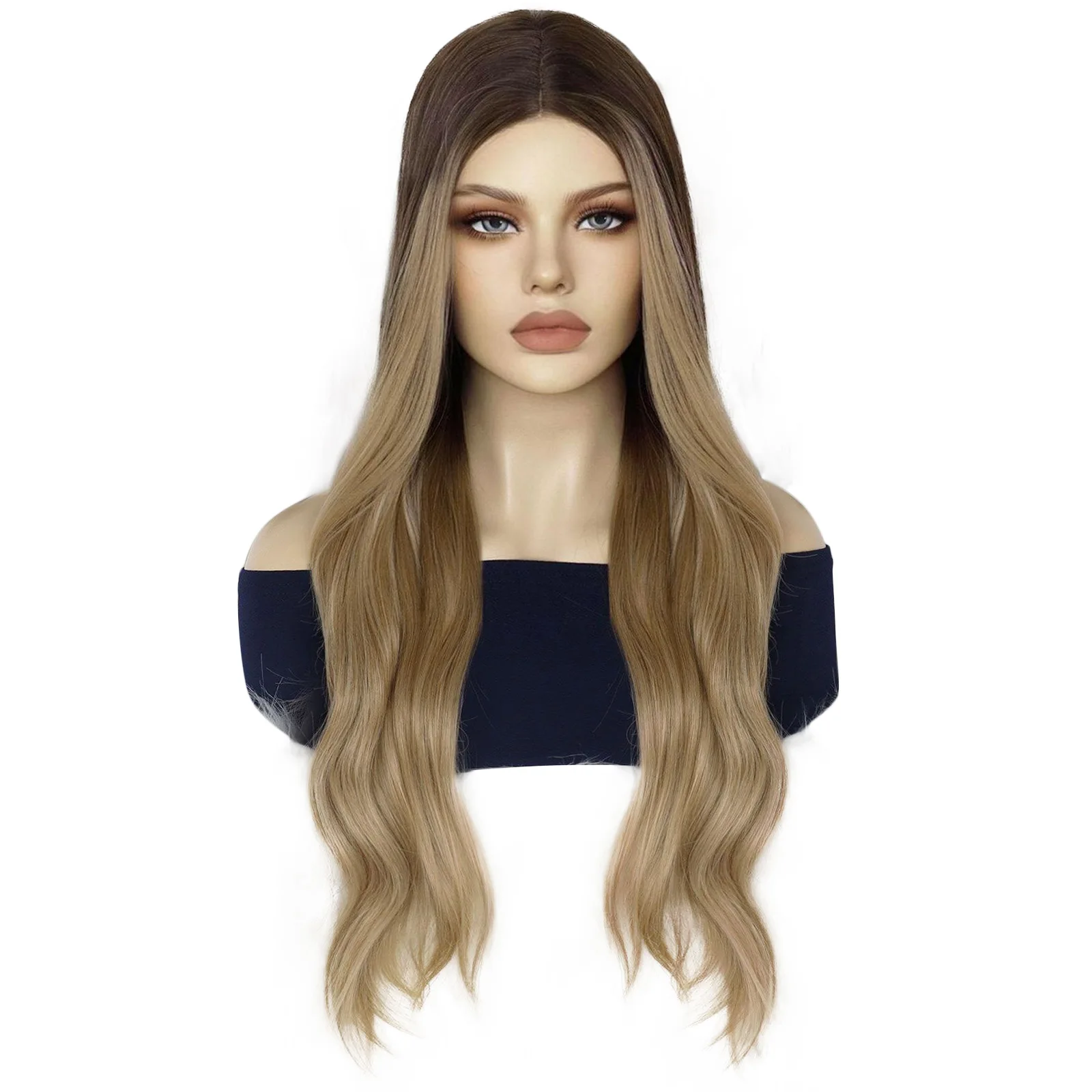 Synthetic fiber wig long wavy dark root wig with bangs, suitable for girls with black to blonde hair wig synthetic wig, suitable