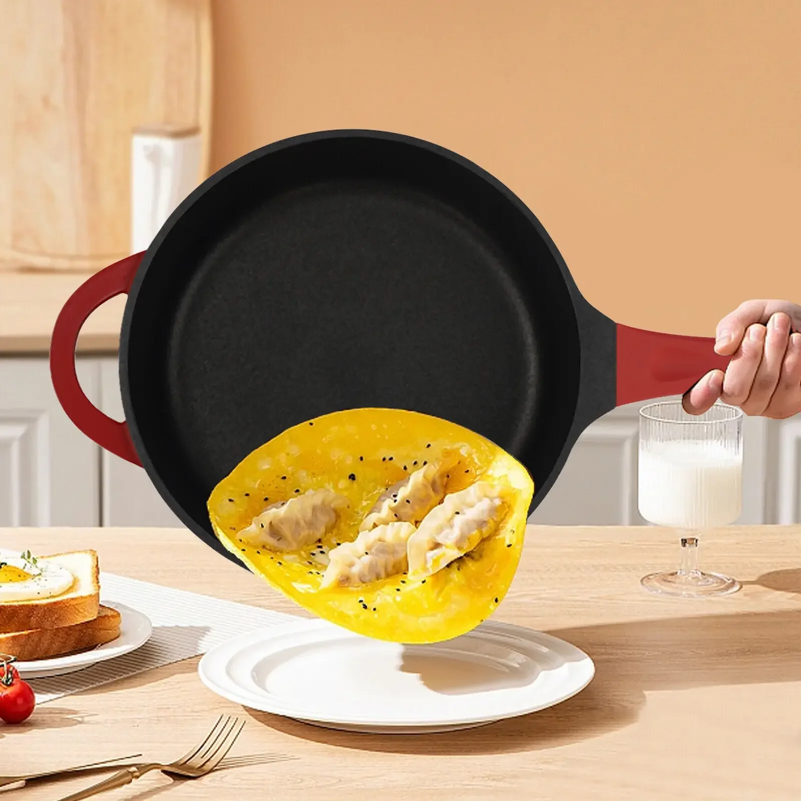 

28cm Red Round Aluminum Deep Baking Pizza Frying Pan Skillet with Lid Handle