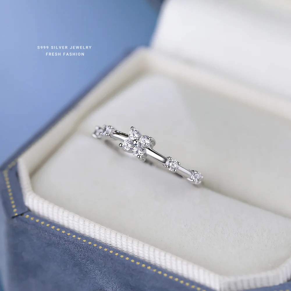 S999 Sterling Silver Zircon Flower Ring for Women Luxury Open Design High-End Sensation Versatile Silver Ring - Image 5