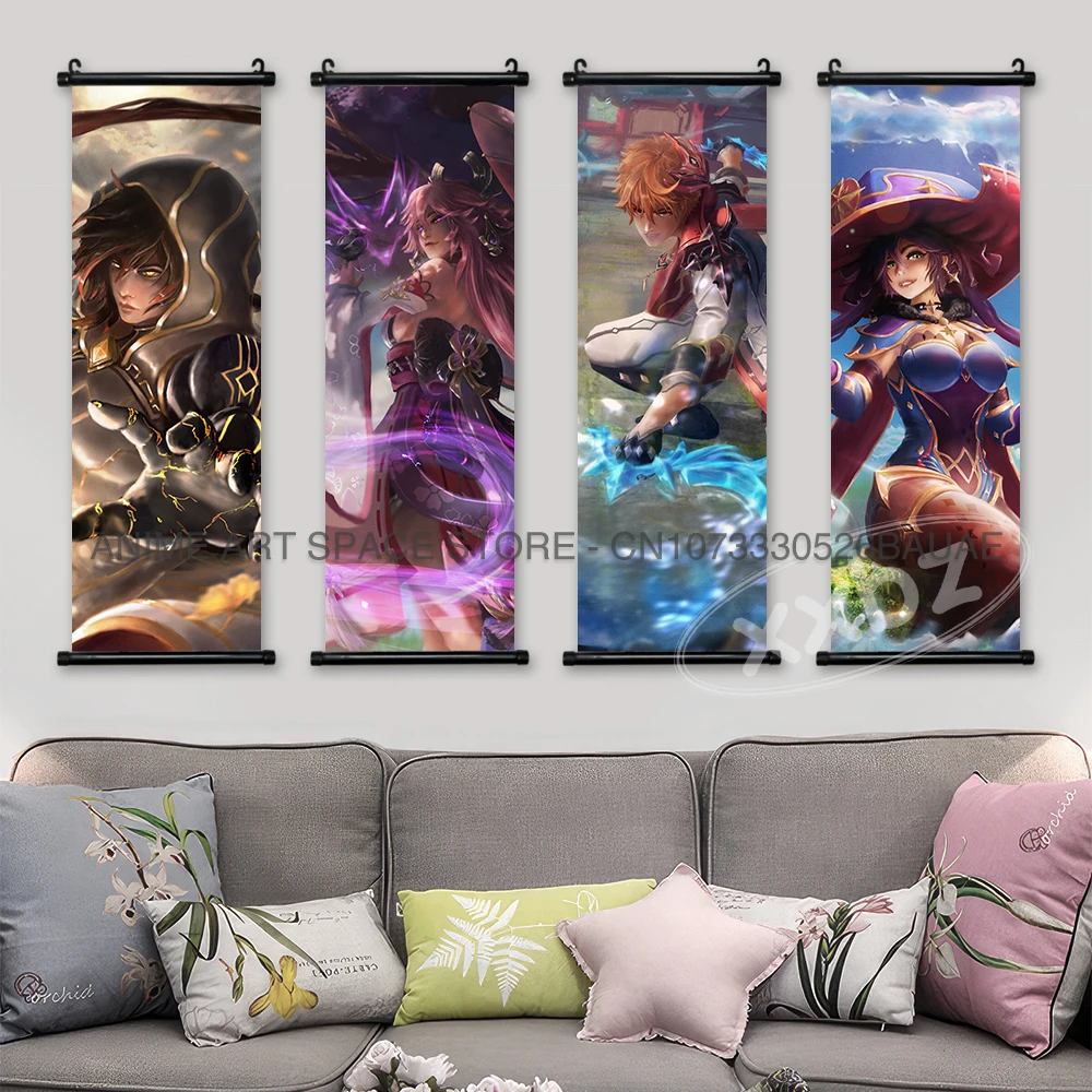 Genshin Impact Hanging Painting Kamizato Ayato Wall Art Aether Scrolls Picture Diona Kawaii Anime Poster Canvas Home Decorative