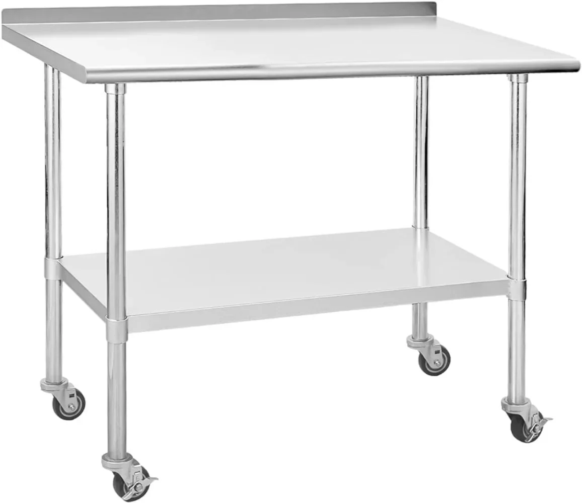 Stainless Steel Prep & Work Table with Adjustable Shelf with Backsplash and Wheels Kitchen Island Commercial Workstations