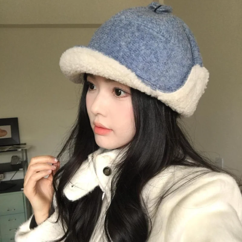 

Retro Reversible Cute Warm Hat Flight Cap Blue Ear-warming Versatile Hat Wool-blend Thermal Beanie Perfect For Holiday Outings