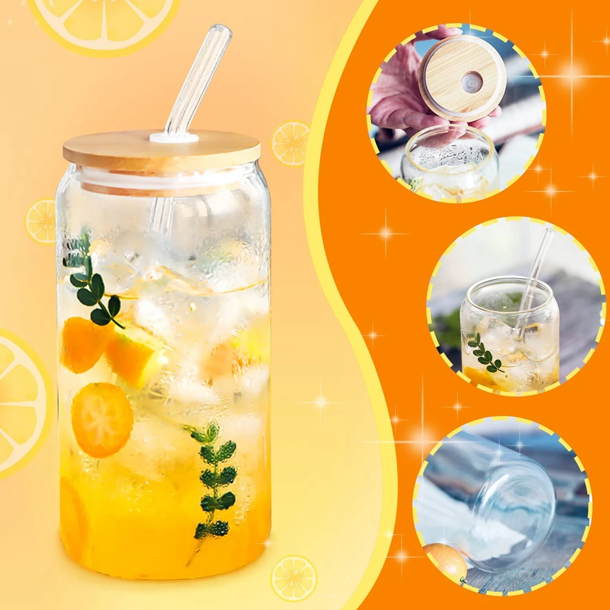 12/16oz Glass Straw Cup With Bamboo Lid Reusable Beer Can Glasses Juice Cokctail Coffee Milk Wine Cups Bar Drinkware Straws Cup