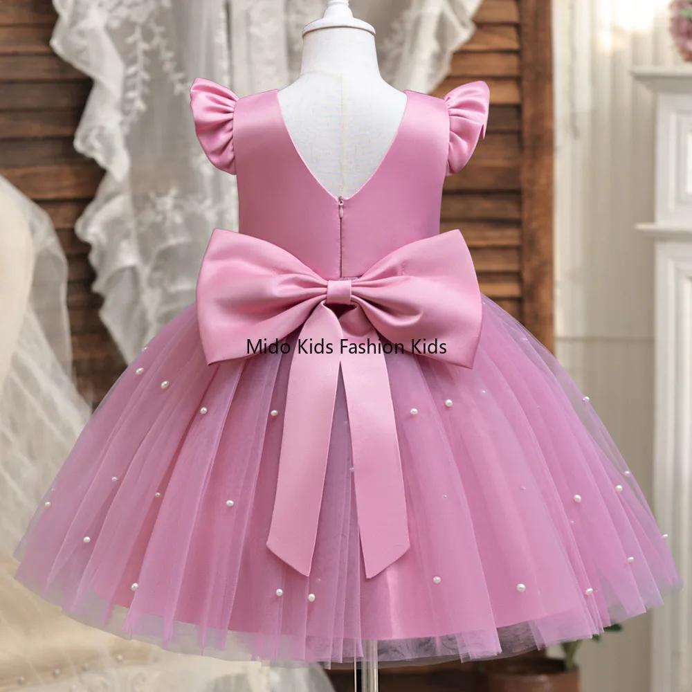 Girls' Korean-style formal dress  sleeves pearl-embellished tulle princess skirt open back bow detail piano recital attire