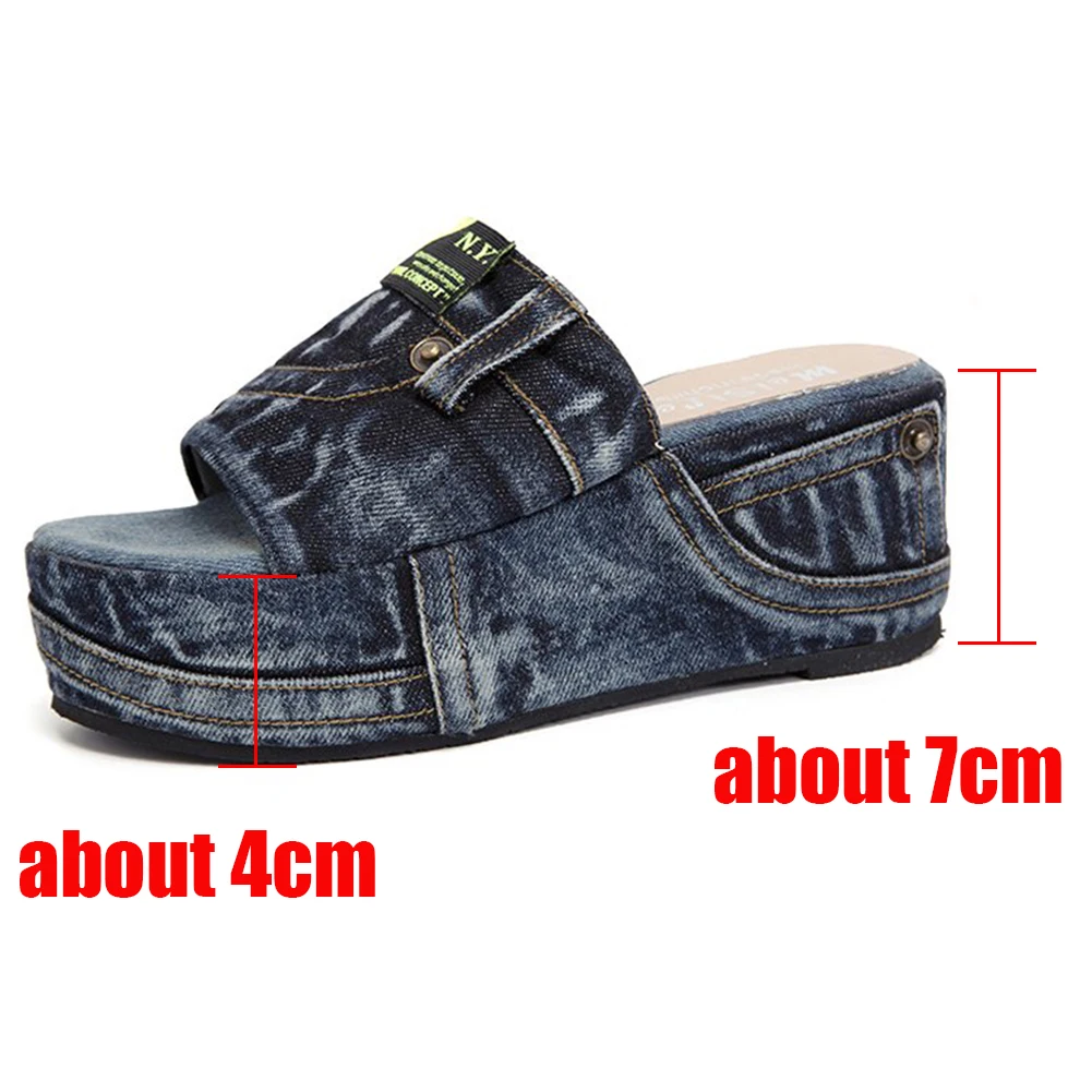 New Women\'s Denim Platform Slides Fashion Slip-On Wedges High Heels Summer Sandals Women Casual Leisure Comfy Woman Shoes