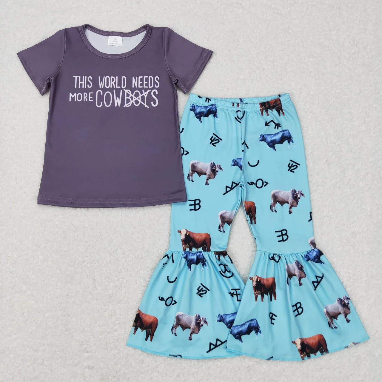 

Wholesale Toddler Western Set Clothes Short Sleeves Shirt Tee Infant Cow Print Bell Bottom Pants Children Baby Girls Kids Outfit