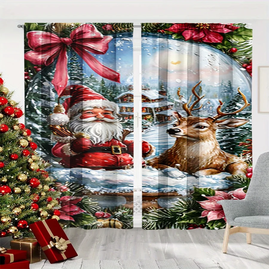 2PCS Christmas Winter Curtains, Snow Globe Santa Reindeer Snow Cabin Pine, Digital Print, Bedroom Living Room, Home Decor