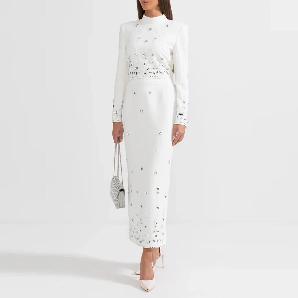 TWOTWINSTYLE Solid Spliced Diamonds Two Piece Set for Women O Neck Long Sleeve Top High Waist Skirts Sets Female Fashion New