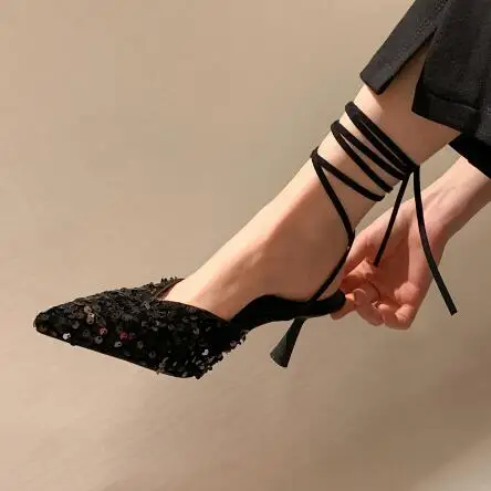 

Bling Black Scales Pointed Toe Cross Ankle Lace Up 7/9 cm Heels Sandals Woman Fashion Shallow Closed Slingback Wedding Shoes