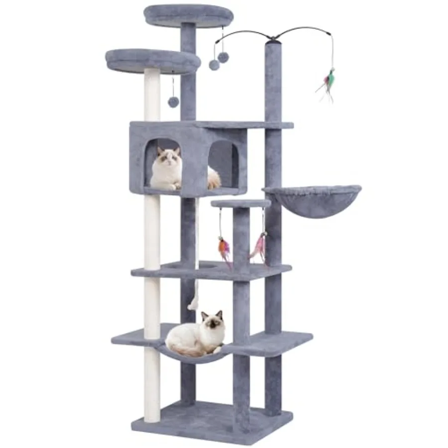 

Big Cat Tree Cat Tower with Multi-Level Condo Hammocks Rotating Toy in Grey 63.4''