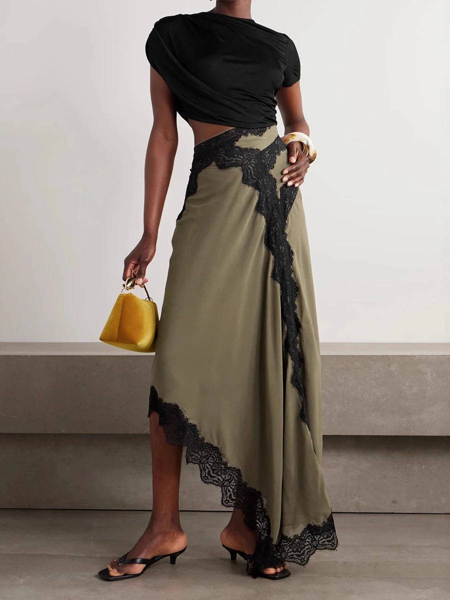 VGH Hit couleur Patchwork dentelle femmes robe col rond manches courtes taille haute dĂ©contractĂ© Sexy longues robes pour femme nouveaux vĂȘtements