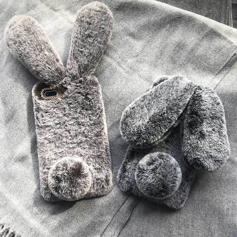 3D Cute Rabbit Ears Furry phone case For iPhone 5S 6 7 8 Plus X XR XS MAX 11 Pro Hairy Warm For Samsung S8 S9 S10 Note10 9 Cover