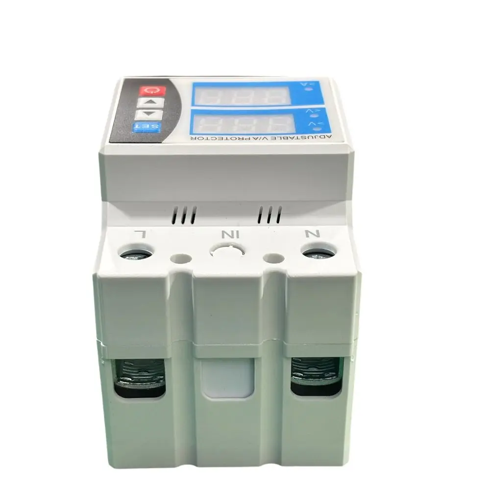 Automatyczny ochronnik przeciwprzepięciowy i podnapięciowy 240V~300V 63A z regulacją napięcia, montowany na szynę DIN, z dwoma wyświetlaczami.