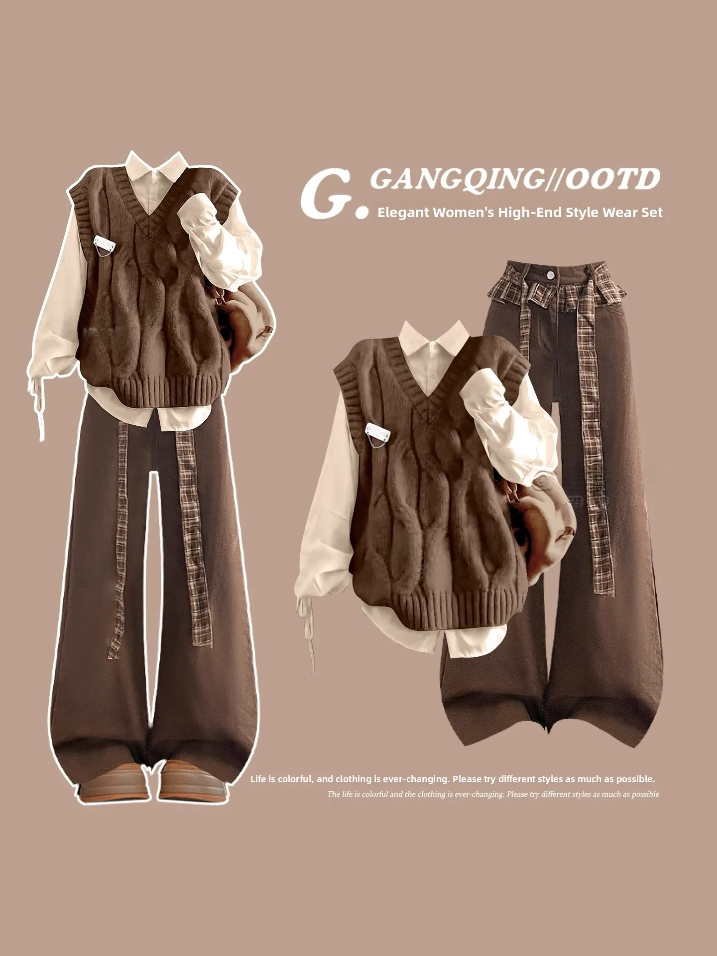 

Autumn Winter Casual College Sle Women's Faion Set Coffee Color Vest And Pants Comfortable Long Sve Ne Design