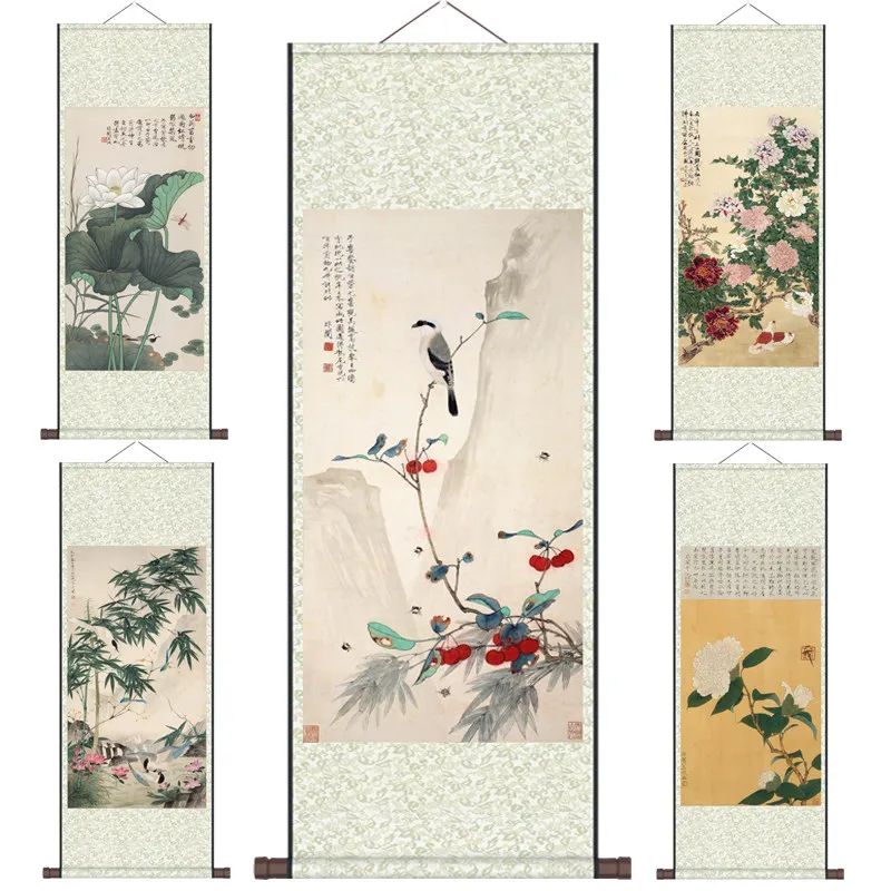 Chinese Osmanthus Flower Bird Calligraphy Art Scroll Painting Hanging Wall Decor for Living Room Home Office