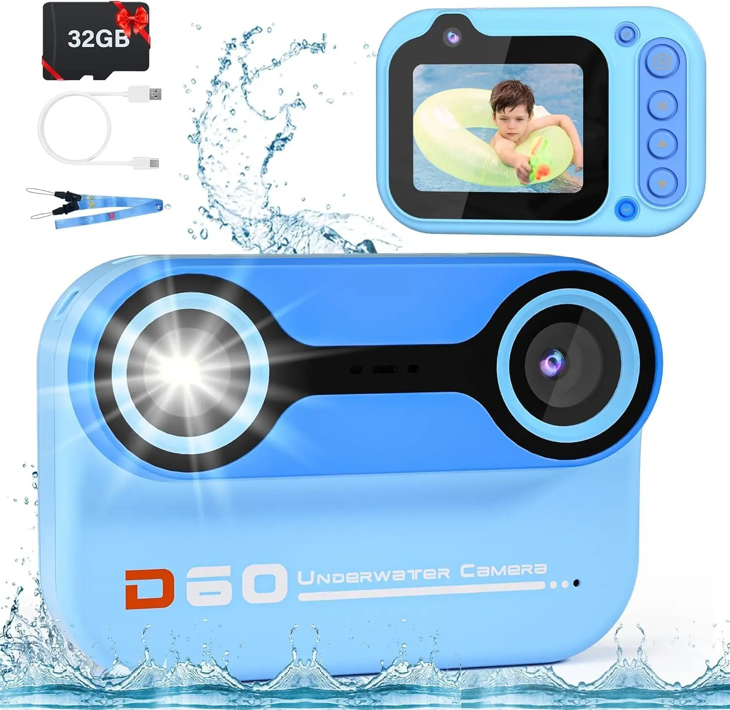 10FT Kids Waterproof Camera, 1080P Video Camera for Snorkeling, Christmas Birthday Gifts Pool Digital Action Camera with 32G