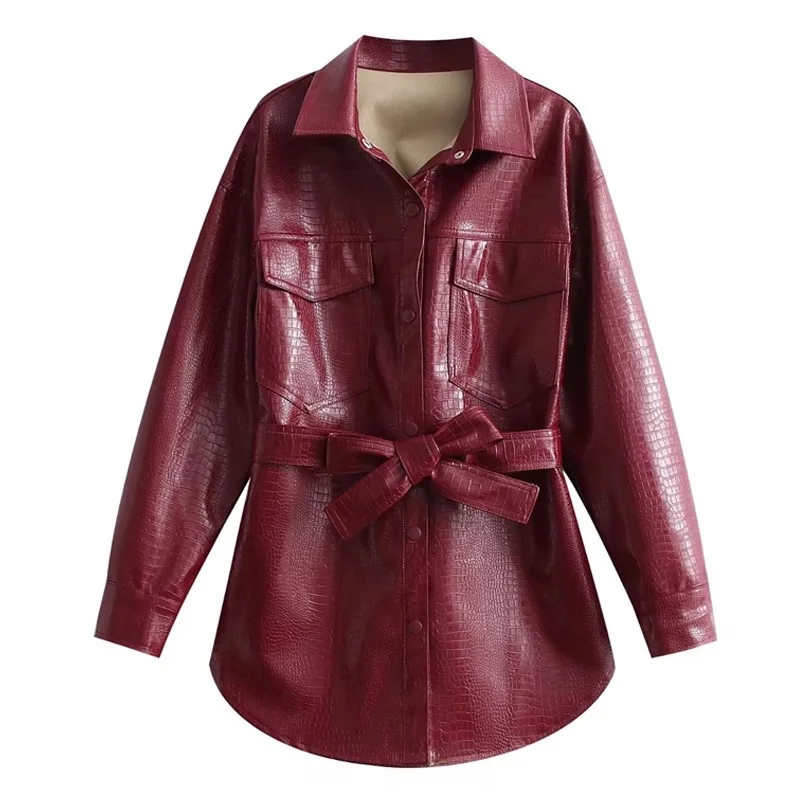 女性用アメリカンブロガー スレ PU レザー ジャエット ダブルケッツ ウエストベルト付き ワインレッド エメッドテクスチャー ストリートファション