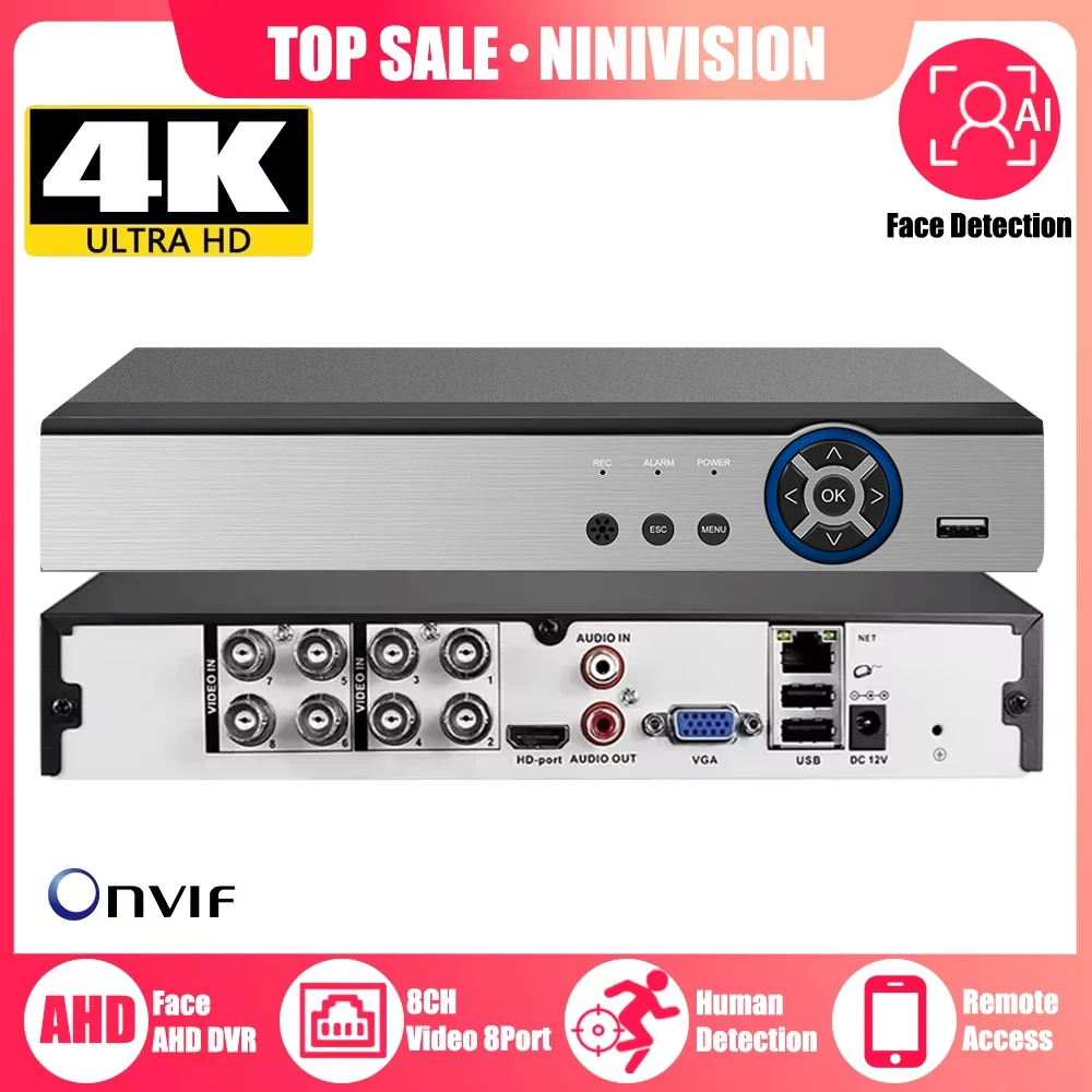 NINIVISION 8CH 4K AHD DVR AI H.265 Hybrid 8 Megapixel NVR Digital Video Recorder for 2MP 4MP 5MP 8MP AHD/TVI/CVI/XVI/IP Cameras