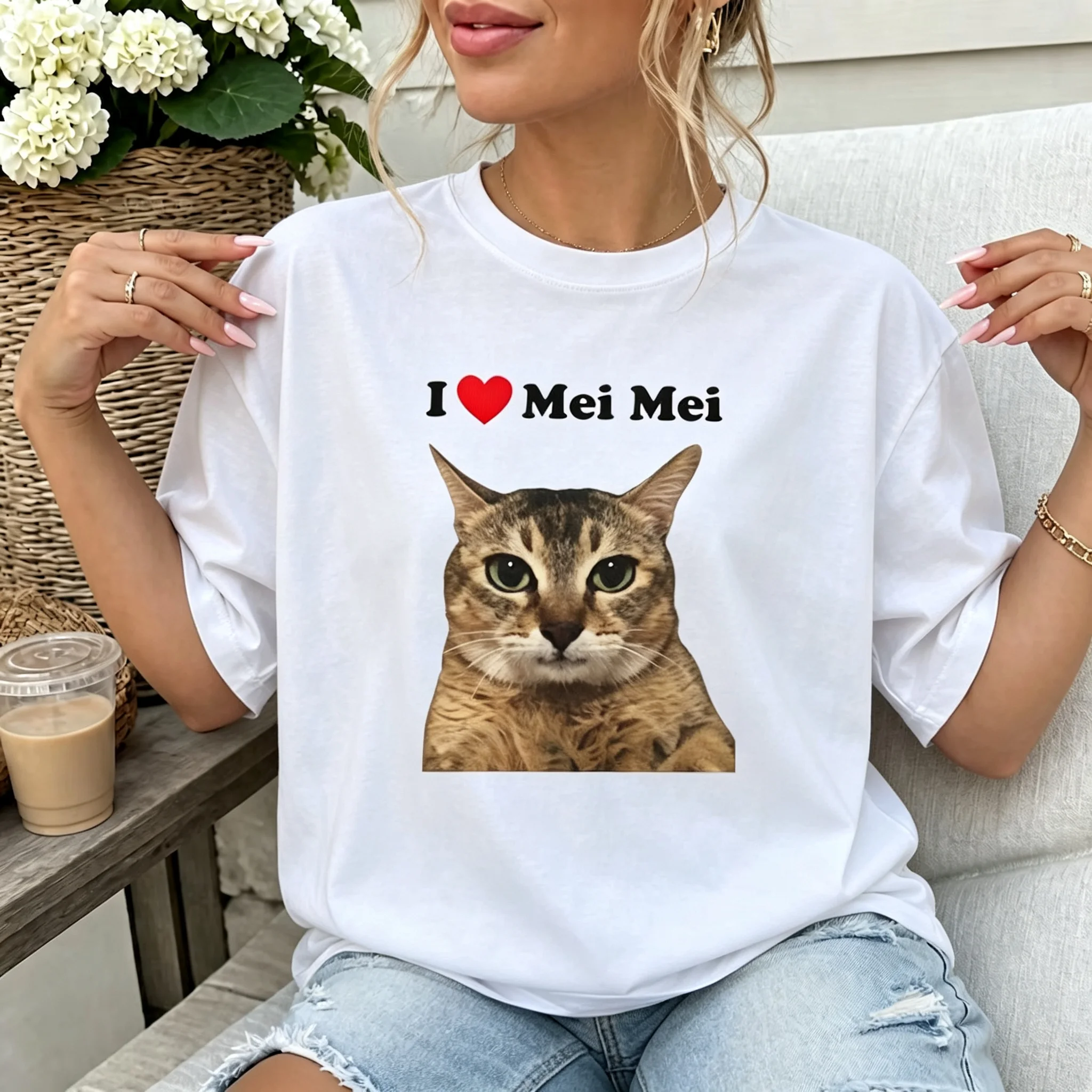 Save Mei Mei Funny Cat Graphic T‑Shirt Unisex Meme Kitten Photo Print Short Sleeve O‑Neck Loose Casual Streetwear Tops