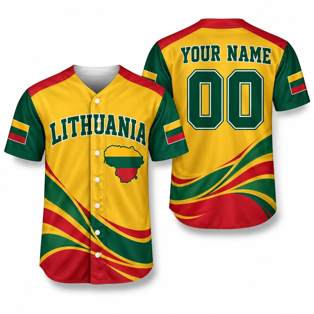 Lithuania Castle Jerseys Shirt Golden Green Red Baseball Jersey with Custom Name Colorful Weekend Floral Heritage Shirts