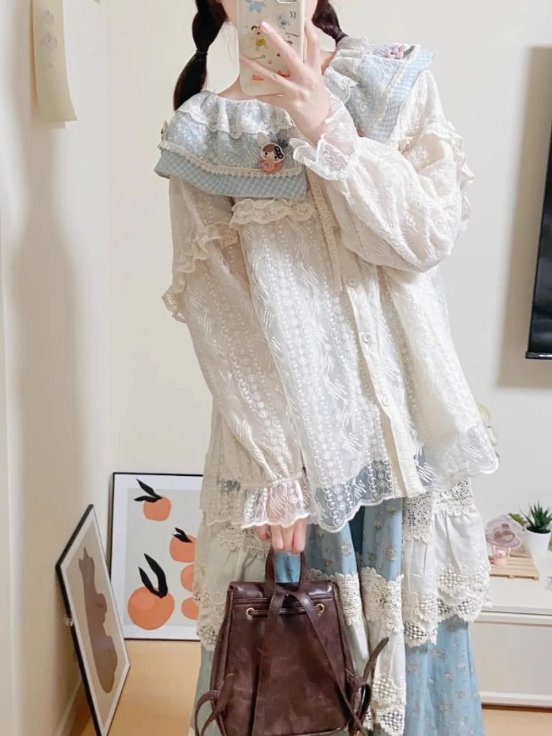 Japanese Lolita Style Sweet Girl Cute Blue Plaid Stitching Double Lotus Leaf Lace Large Lapel Shirt Spring Summer kawaii Blouse