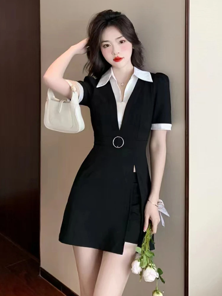 Summer Fashion Black Formal 2-częściowe stroje Eleganckie biuro Kobiety Szykowne krótkie rękawy Długie topy Koszula Bluzka Szorty Mujer Slim Set