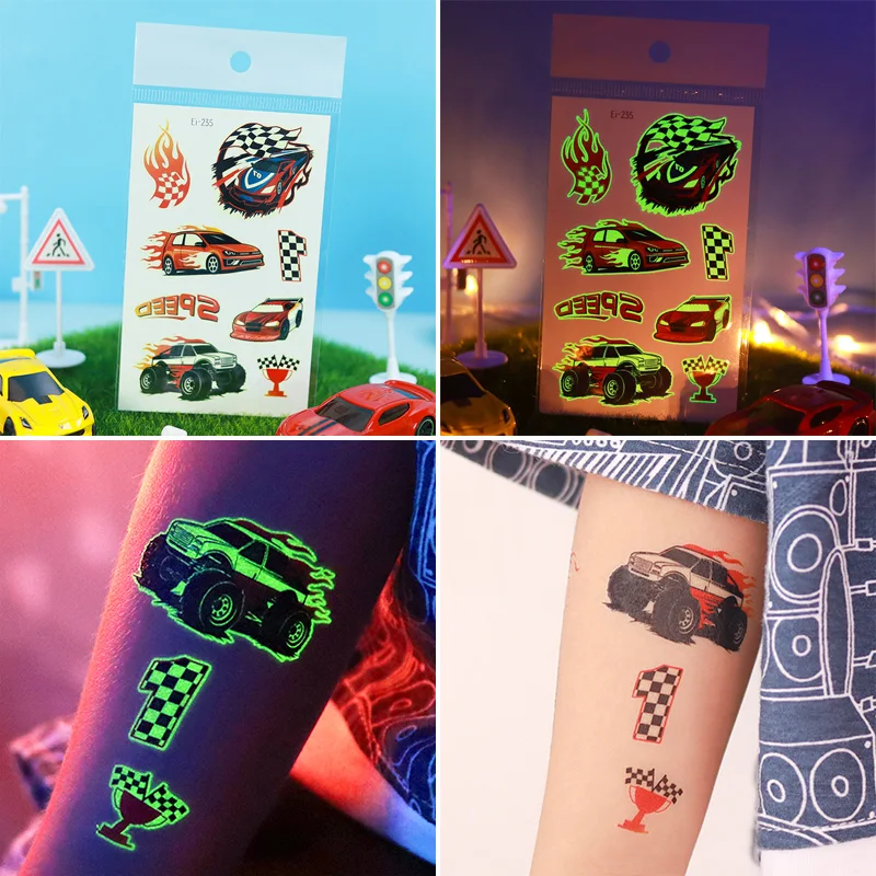 12 feuilles lumineuses voitures de course motos autocollants de tatouage temporaire, brillent dans la nuit Cool motos course compétition Patter