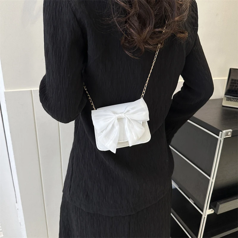 Fashion Elegant Big Bow Design PU Leather Women Shoulder Crossbody Bag Simple Casual Small Square Bag