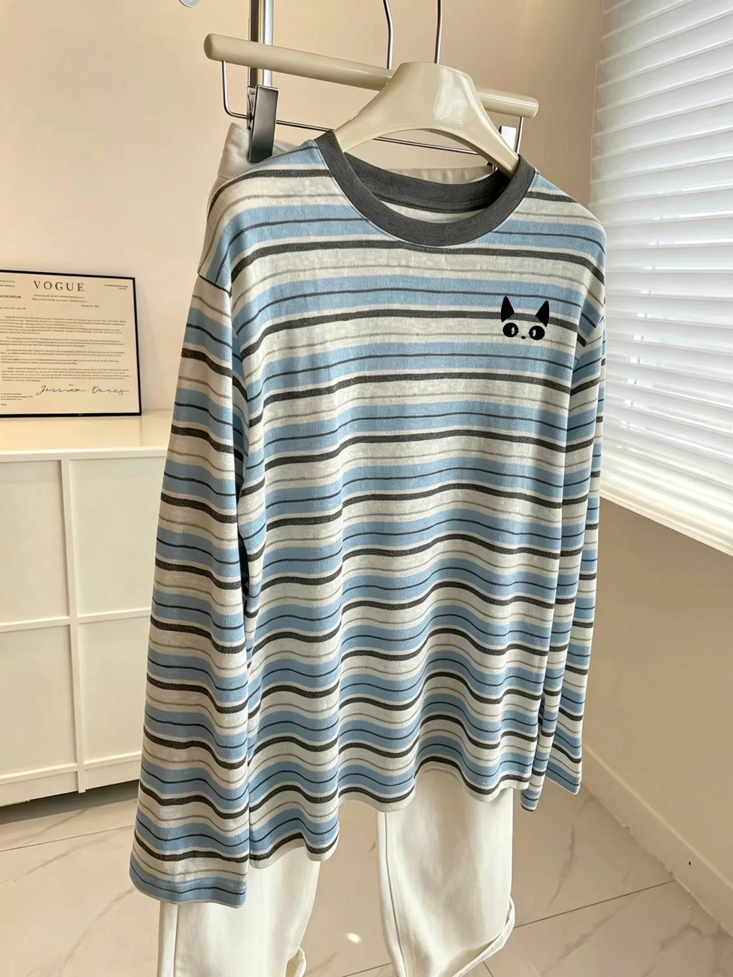 Casual Printed Long Sleeve round Neck Women's T-shirt Korean Style Loose Fit Stripe Pattern Breathable Comfortable Cotton Top
