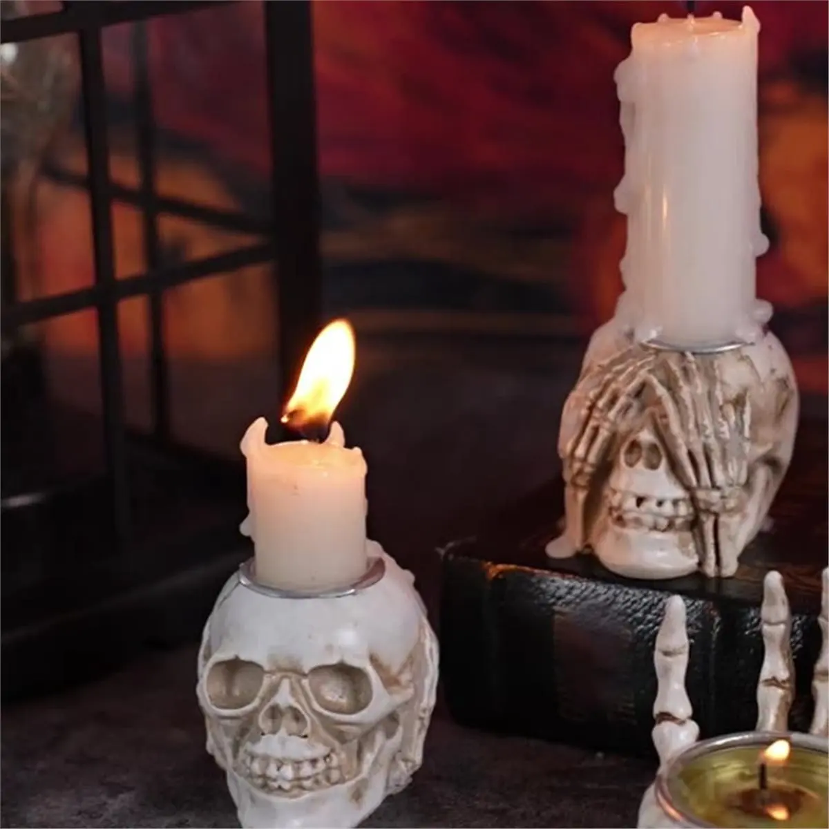 NEW Halloween Skull Candle Holder, Table Decor Centerpiece Candlesticks, Resin Horrible Spooky Creepy Crafts