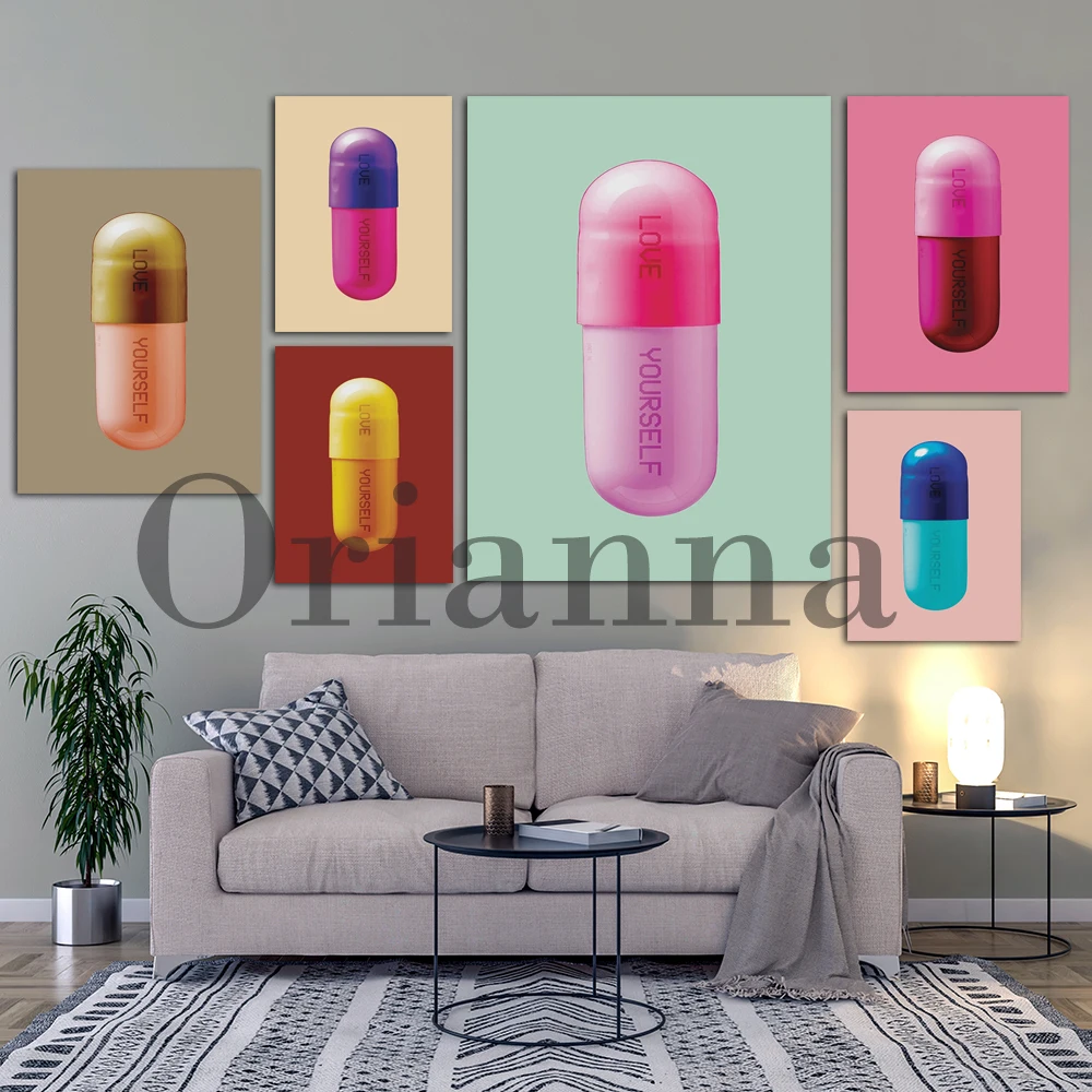 Pill The Cure Wall Art Print Love Yourself Pill Design Poster Damien Abstract Medical Art Canvas Painting Office Decor Pictures