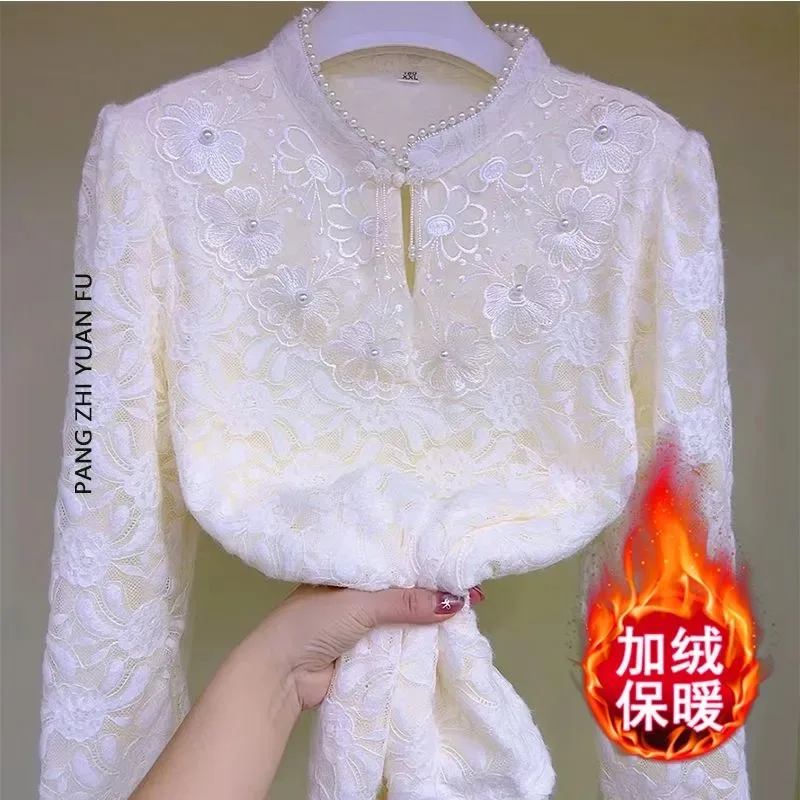 

New Autumn Winter Disc Button Thickened Chinese Style Velvet Lace Pearl Collar Warm Bottoming Shirt