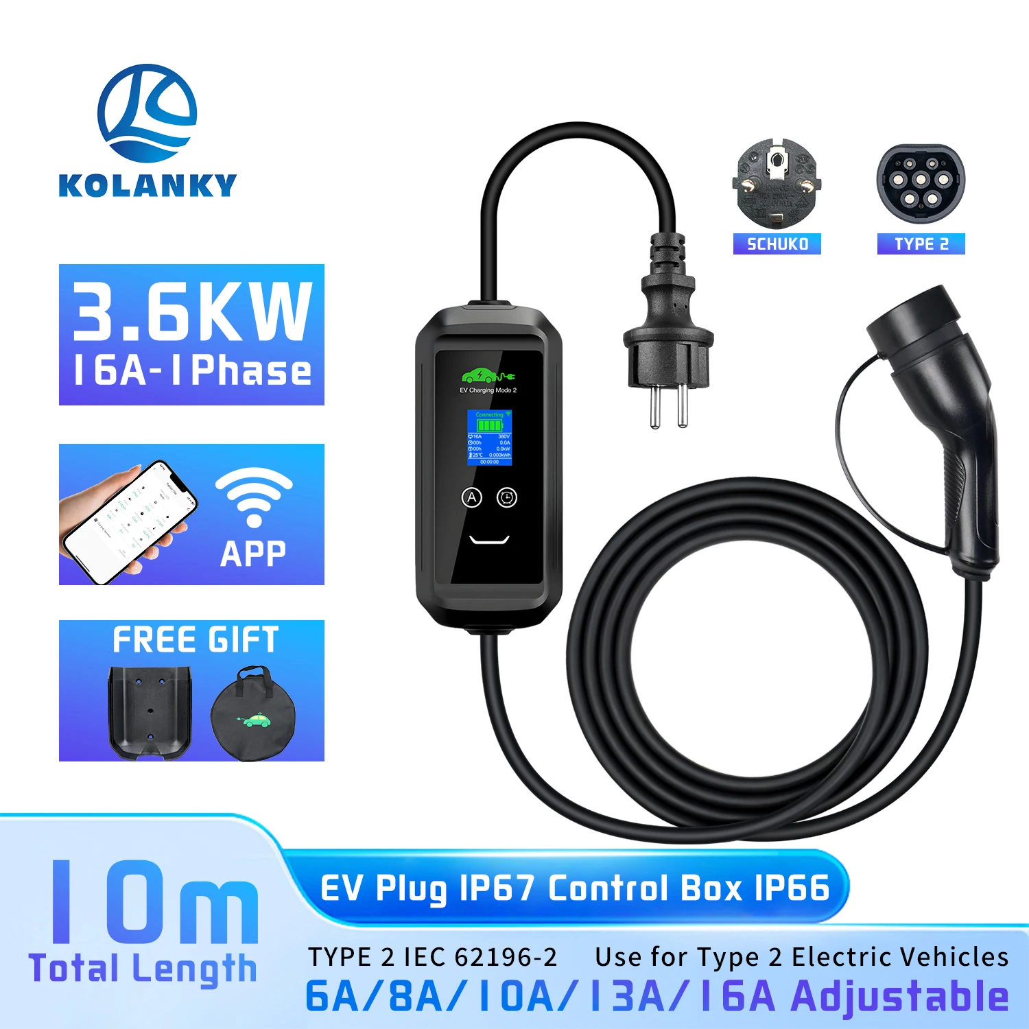 

Portable EV Charger Type2 IEC62196-2 Tuya APP Control 16A 1P 3.6KW Charging Wallbox Control Timer EU Home Charger Total 10M
