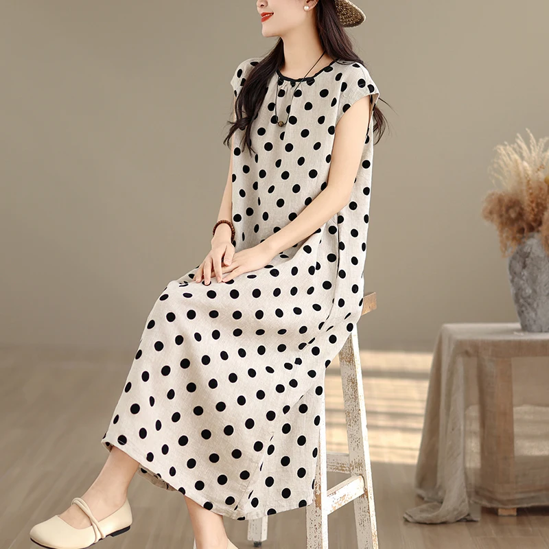 

Новое женское хлопковое льняное платье в горошек, летнее, свободного кроя, миди, модное, повседневное, стройнящее, из тонкого материала, А-силуэт