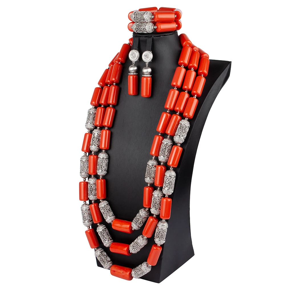 Exclusive Long Coral Bridal Necklace Set 31inches Wedding African Coral Beads Jewelry Set New Free Shipping ABS190
